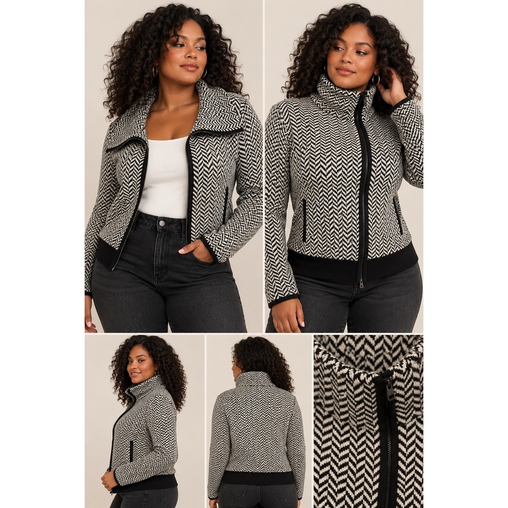 Sparrow Anthropologie Herringbone Wool Blend Moto Sweater Jacket Large Black